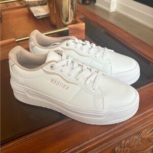 Women’s Nautica White Sneakers with Beige Accents, size 9.5
